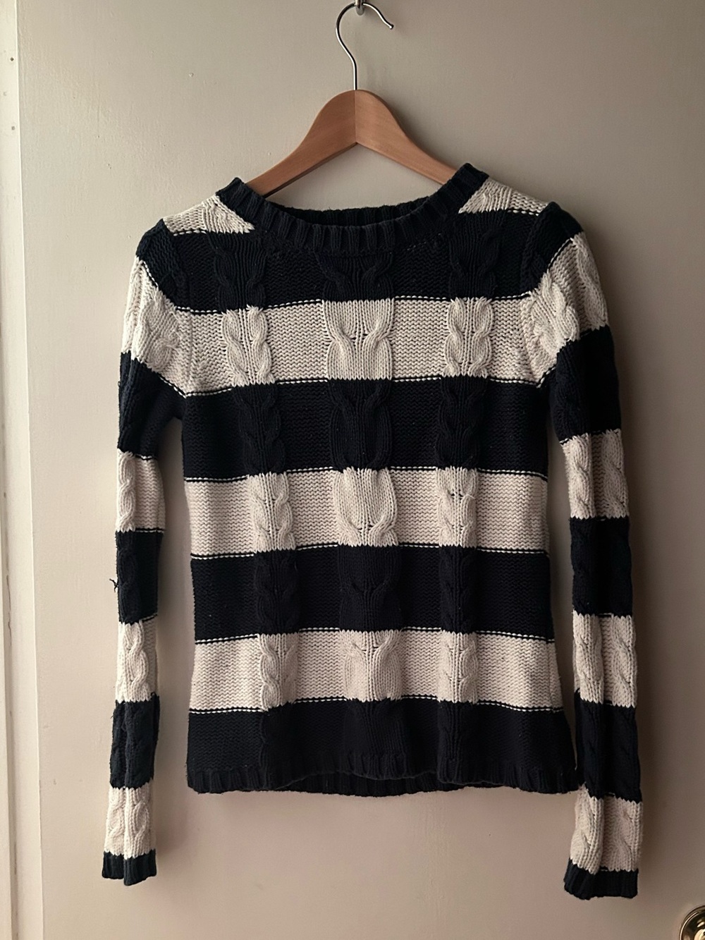 Old Navy Navy and White Striped Cable-Knit Crewneck Sweater